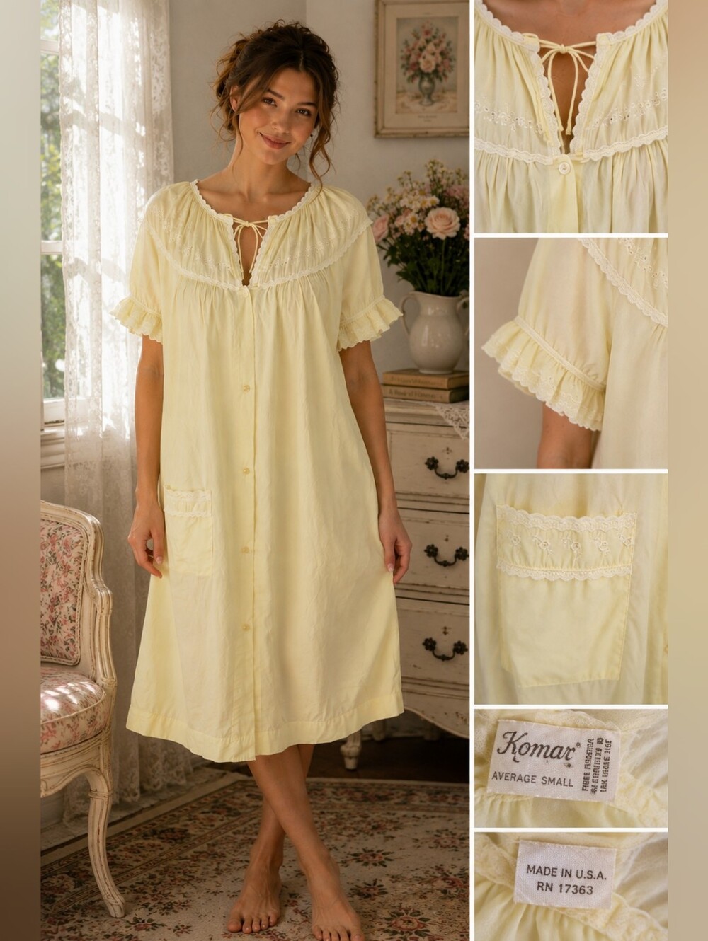 Vintage Komar Butter Yellow Nightgown Small Cottagecore Prairie Lace USA Made
